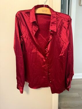 SHEIN Shiny Crimson Button-Down Blouse